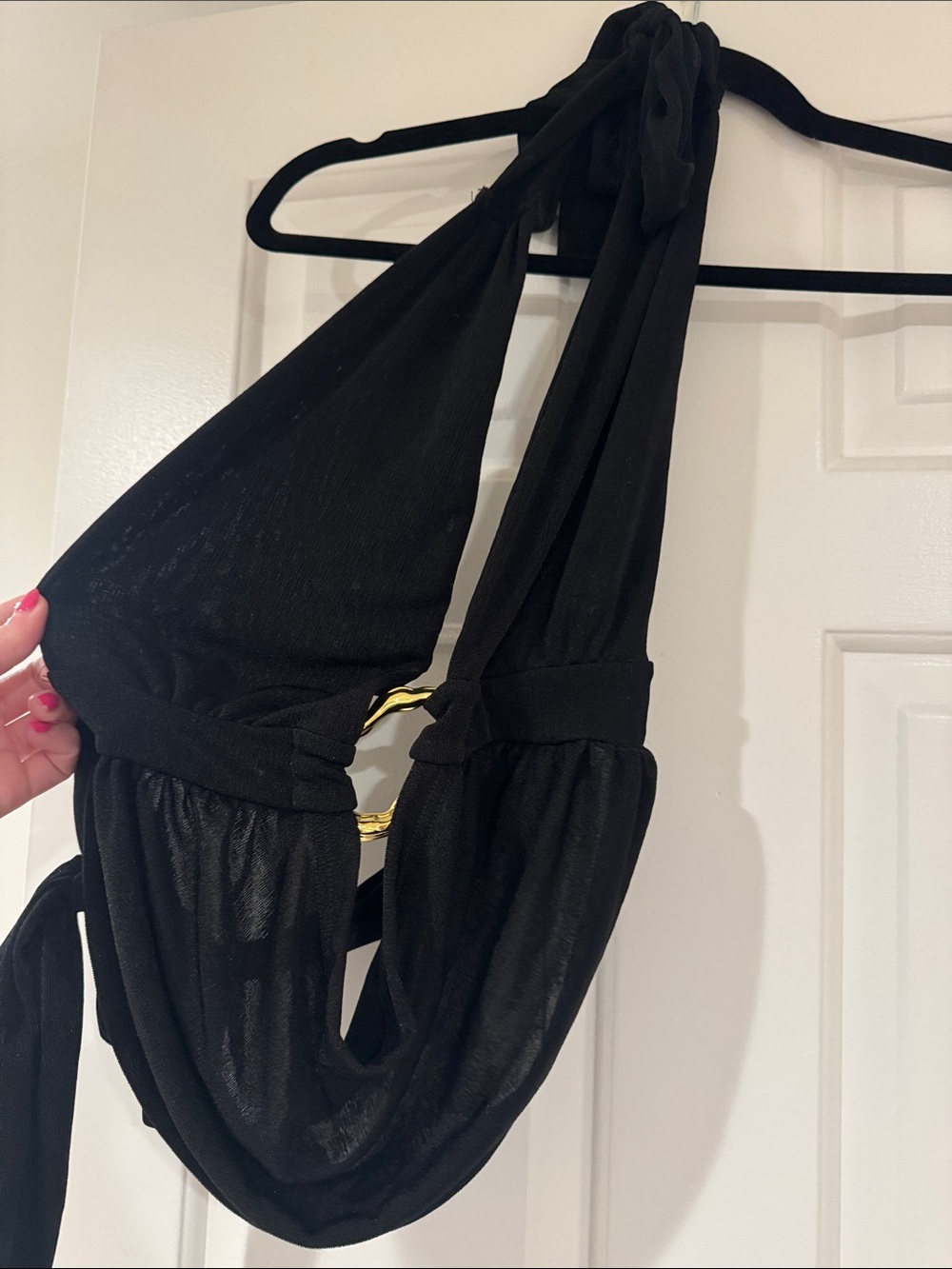Black Halter Draped Top with Gold Accent